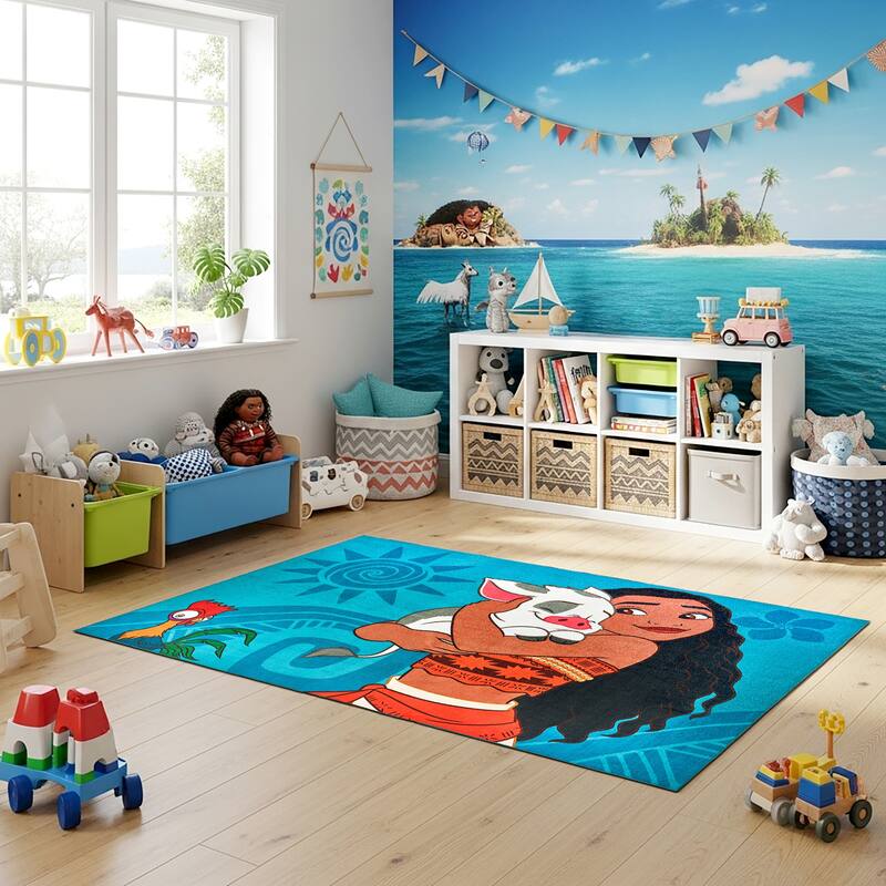Licensed Disney Moana Pua HeiHei Modern Hawaiian Character Printed Flannel Non-Slip Washable Indoor Kids Area Rug, 54"x78"