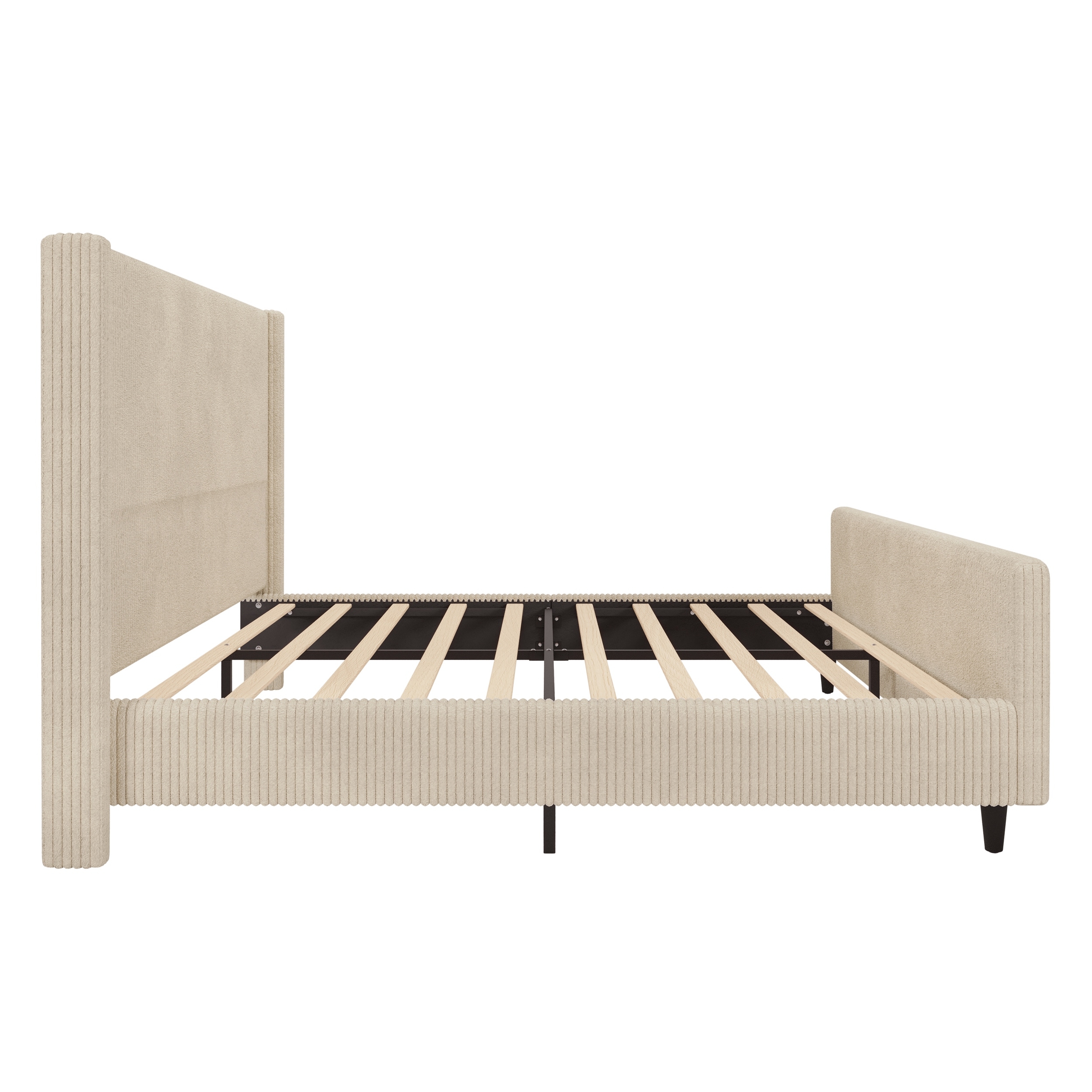 King Size Platform Bed Vertical Stripe Wingback Bed Cream Corduroy Upholstered Frame Low Profile Slat Bed with Footboard