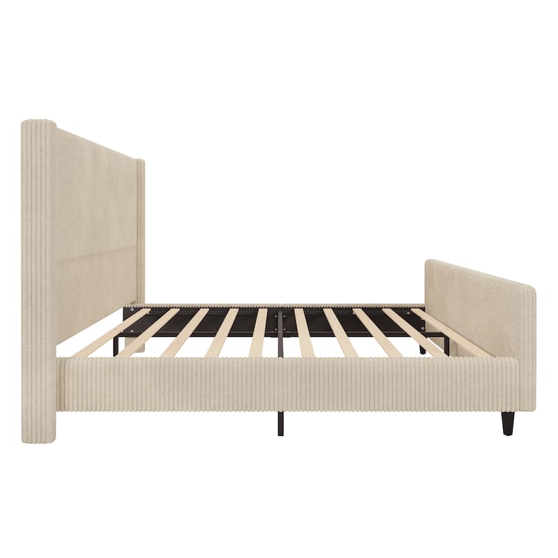 Vertical Stripe Wingback Bed Corduroy Fabric Frame Platform Bed