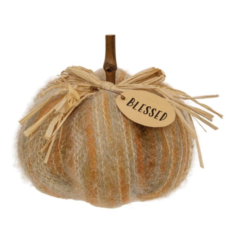 Stuffed Harvest Colors Blessed Sweater Pumpkin Plush Autumn Decor Orange Cream Gray with Wooden Stem - Beige