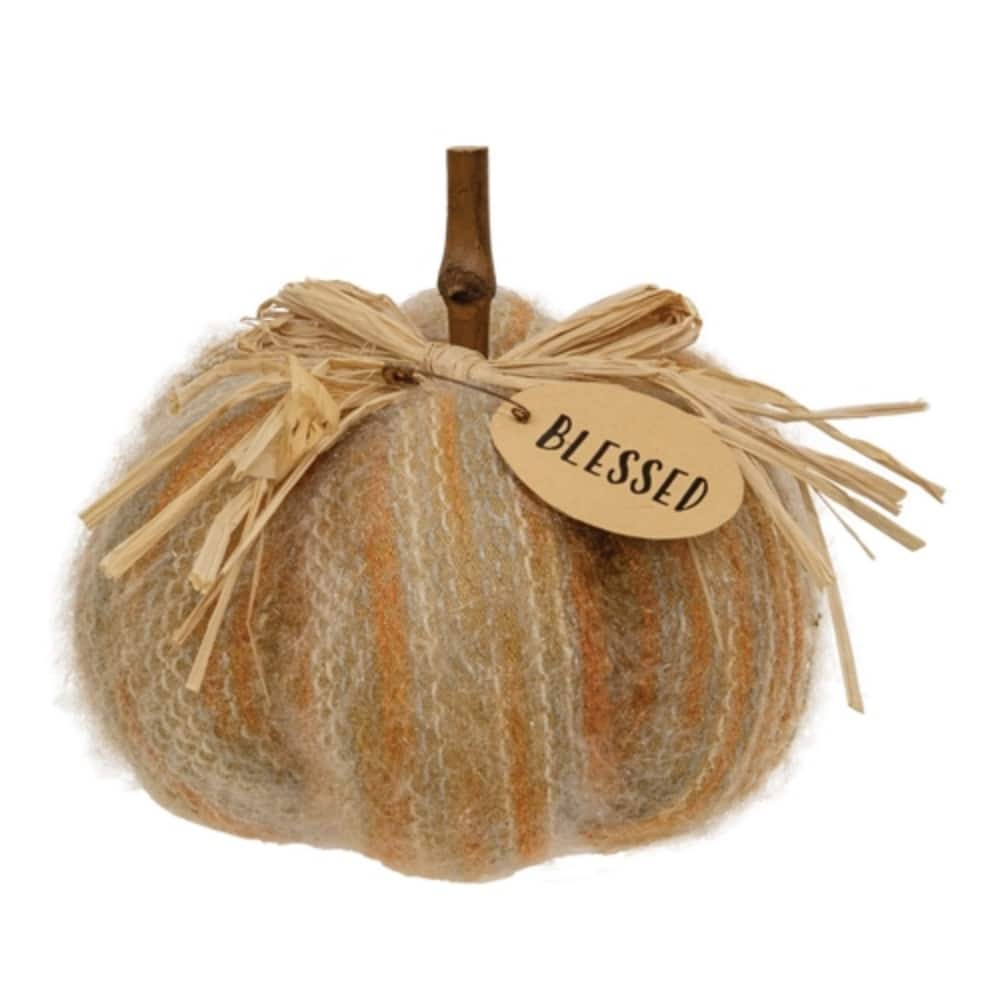 Stuffed Harvest Colors Blessed Sweater Pumpkin Plush Autumn Decor Orange Cream Gray with Wooden Stem