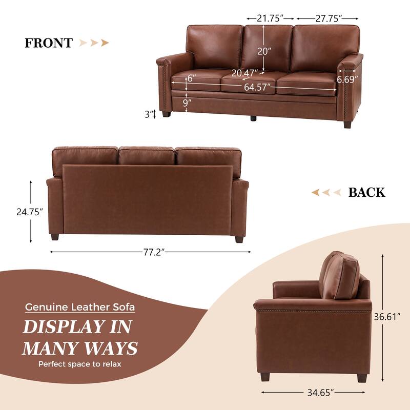 Rita Transitional Living Room 3-Seat Genuine Leather Nailhead Sofa with Solid Wood Legs and Removable Cushions