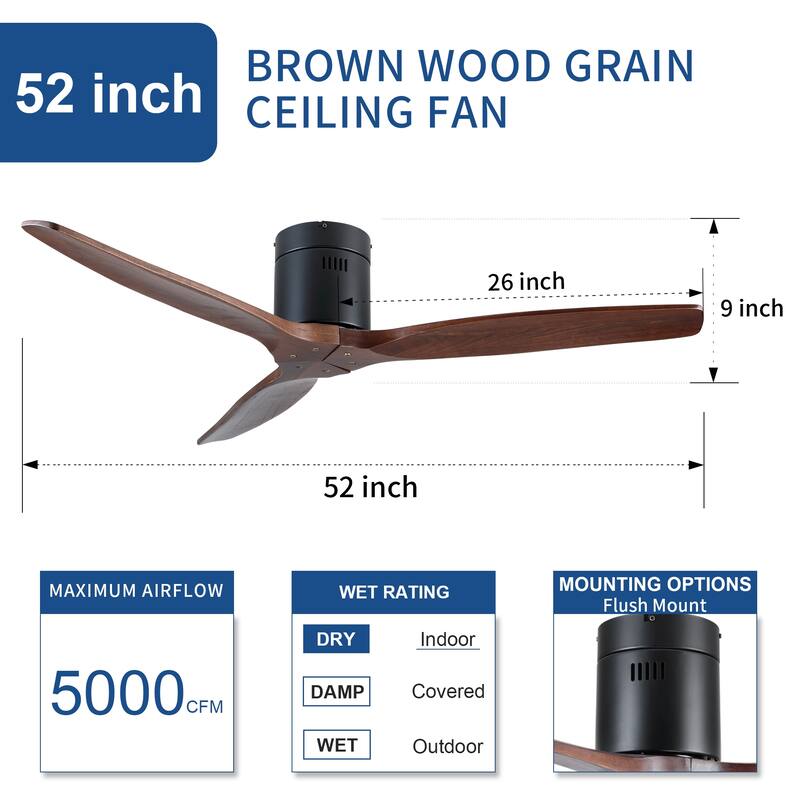 YUHAO SylvanAir Modern 52 in. Flush Mount Outdoor/Indoor Ceiling Fan with 3 Solid Wood Blades and DC Reversible Motor