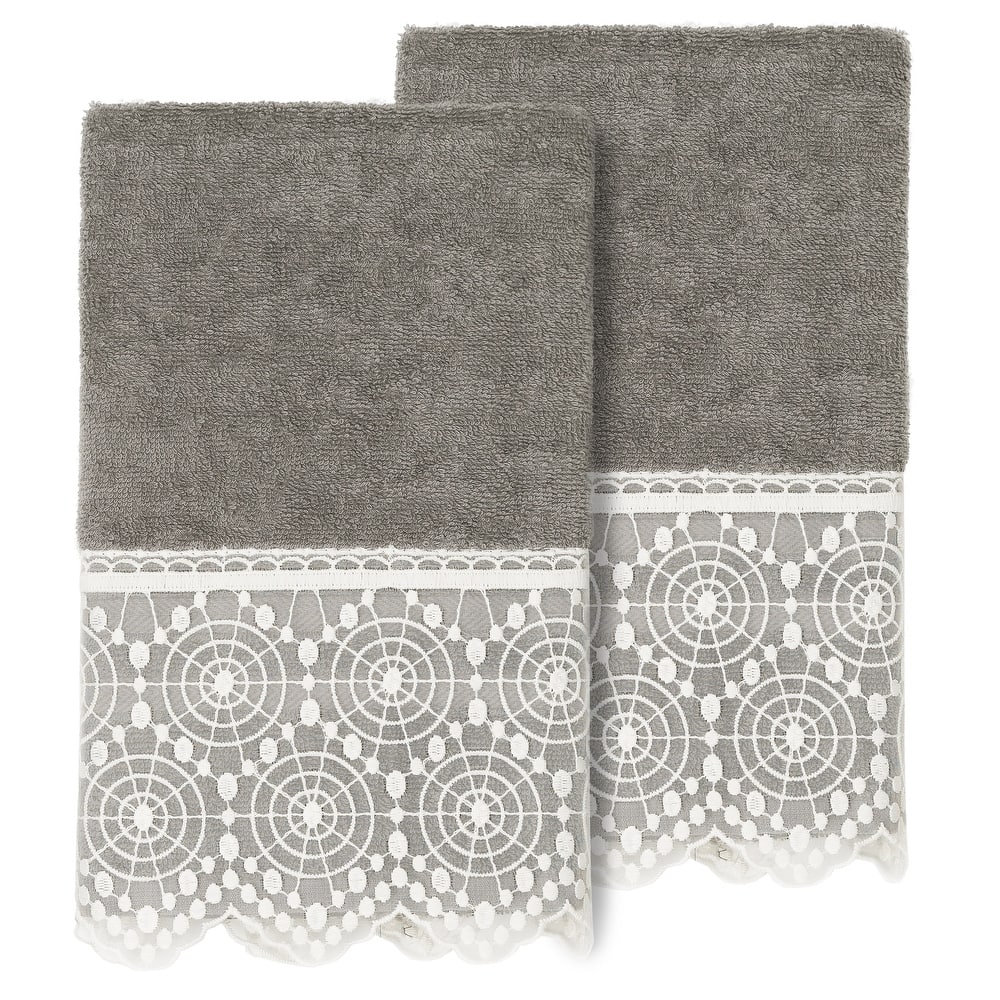 Authentic Hotel and Spa 100% Turkish Cotton Arian 2PC Cream Lace Embellished Hand Towel Set