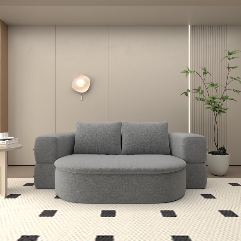 2-in-1 Lazy Couch Futon Loveseat Sofa Convertible Twin Size Floor Bed Foldable Mattress Comfy Lounge Chair with 2 Pillows - Light Grey