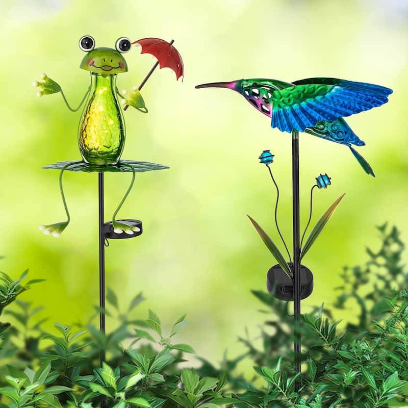 Glitzhome Outdoor Solar Lighted Garden Stake Frog Hummingbird Design - Frog & Hummingbird