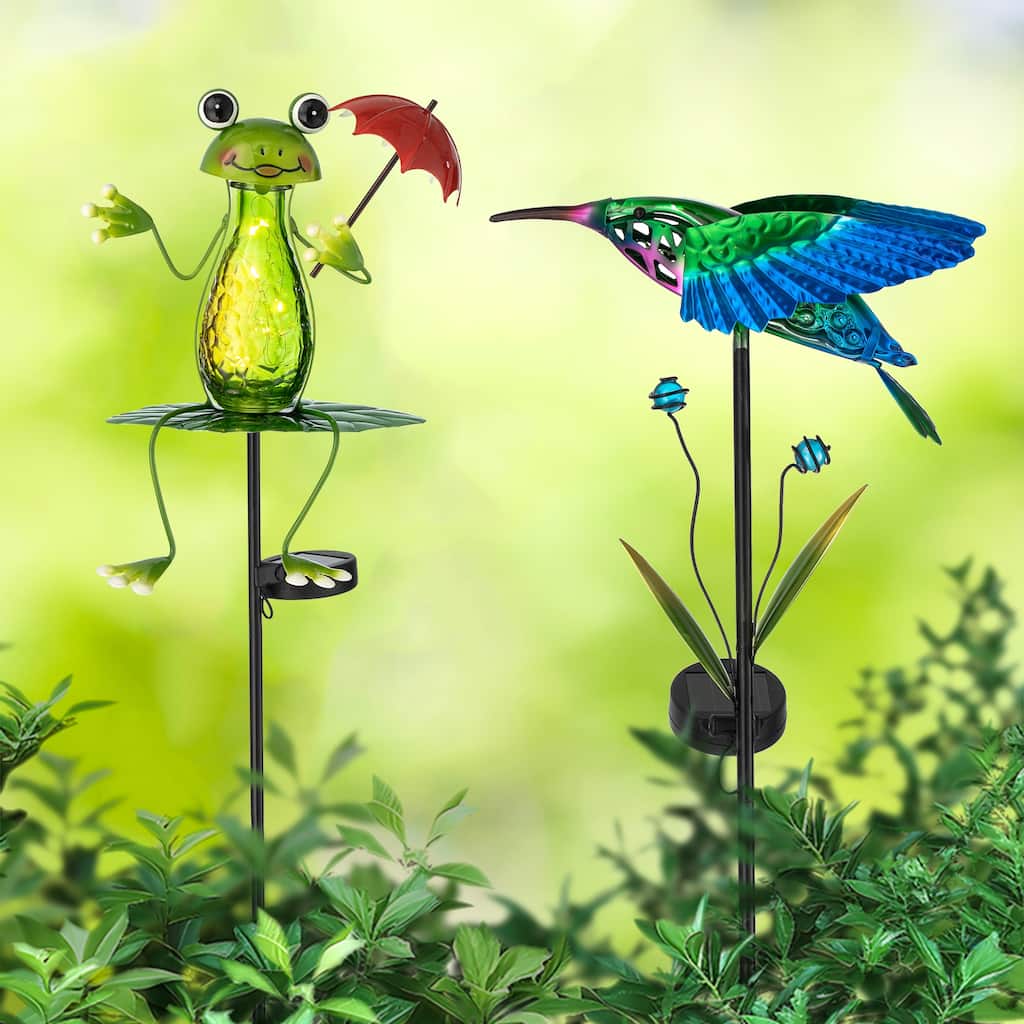 Glitzhome Outdoor Solar Lighted Garden Stake Frog Hummingbird Design