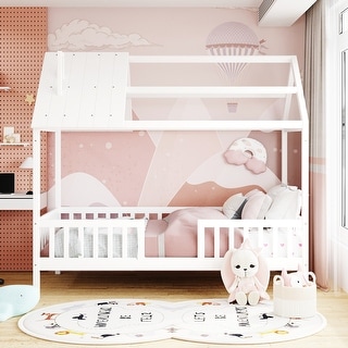 Twin Size House Bed with Fence, Semi-enclosed Play Platform Bed with Roof and Chimney Decoration, for Kids Bedroom