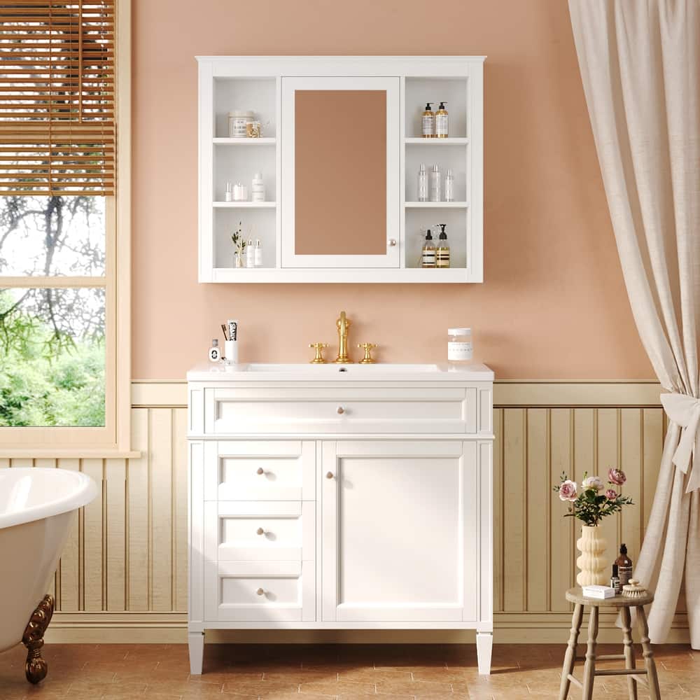 Bathroom Vanity Set with Medicine Cabinet, Mirrored Cabinet with Open Compartments, Storage Cabinet w/ Drawers & Door Organizer