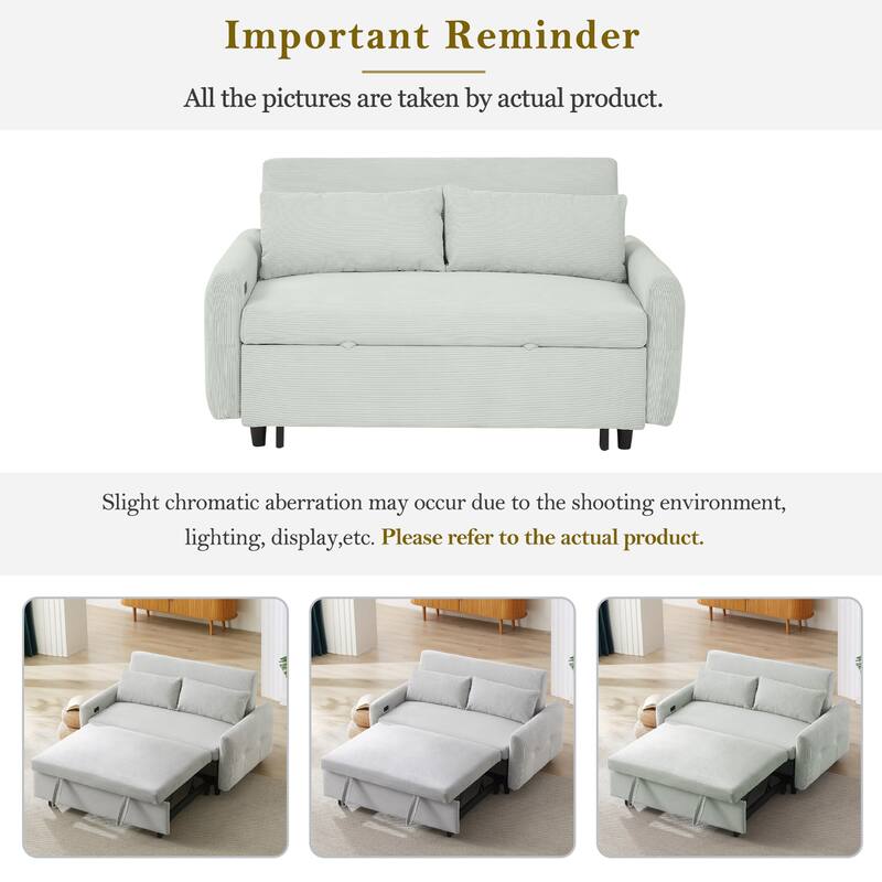 57.48" Corduroy Convertible Sofa Bed with Pull-Out Sleeper, Adjustable Backrest & USB