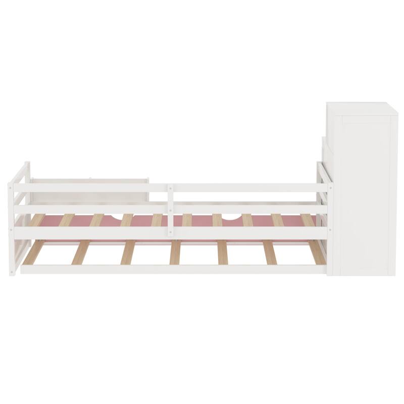 Multifunctional Twin Size Wood Platform Bed with Bookshelf, Wardrobe, and Trundle