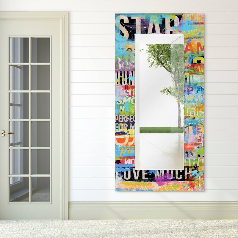 "Metro Mix"Abstract Rectangular Beveled Wall Mirror on Free Floating Printed Tempered Glass - Multi - 72 x 36