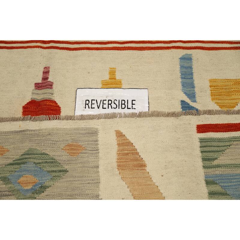 Hand Woven Oriental 100% Wool Carpet Southwestern Tribal Beige & Ivories Kilim Area Rug - 9' 10'' X 6' 5''