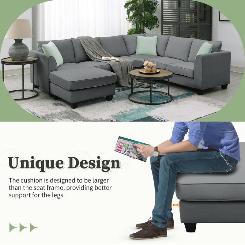 Modular Sectional Sofa with Removable Ottoman, 7 Seats Corner Sectional Sofa, L Shape Fabric Upholstered Sofa with 3 Pillows