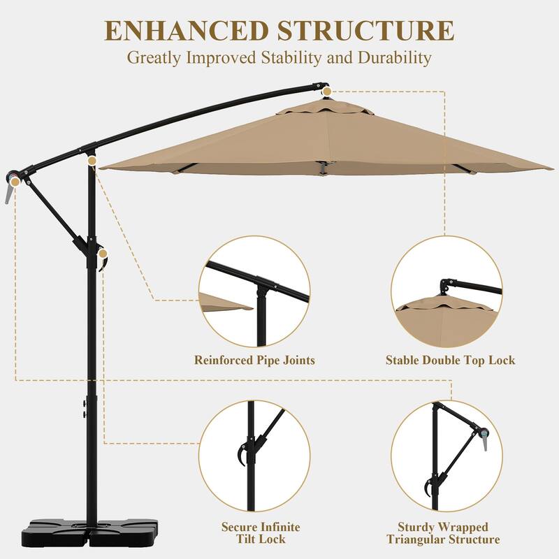 9.8ft Patio Offset Umbrella Cantilever Umbrella with Crank & Cross Bases