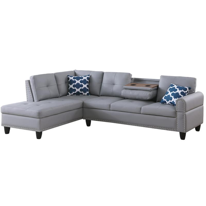 98" Faux Leather L-Shaped Sectional Sofa with Pillows & Cup Holders