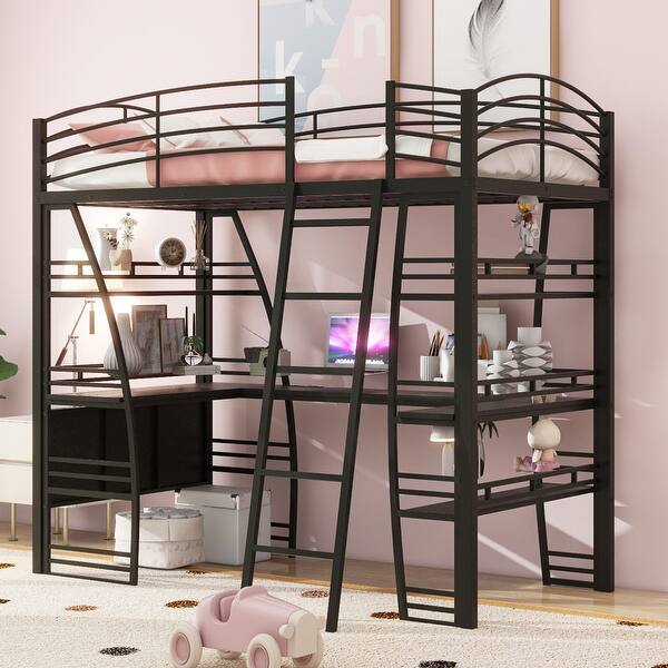 slide 2 of 24, Roomfitters Twin Size Loft Bed with 4 Layers of Shelves, L-Shaped Desk, Sockets, USB Ports, Wireless Charging Black - Twin