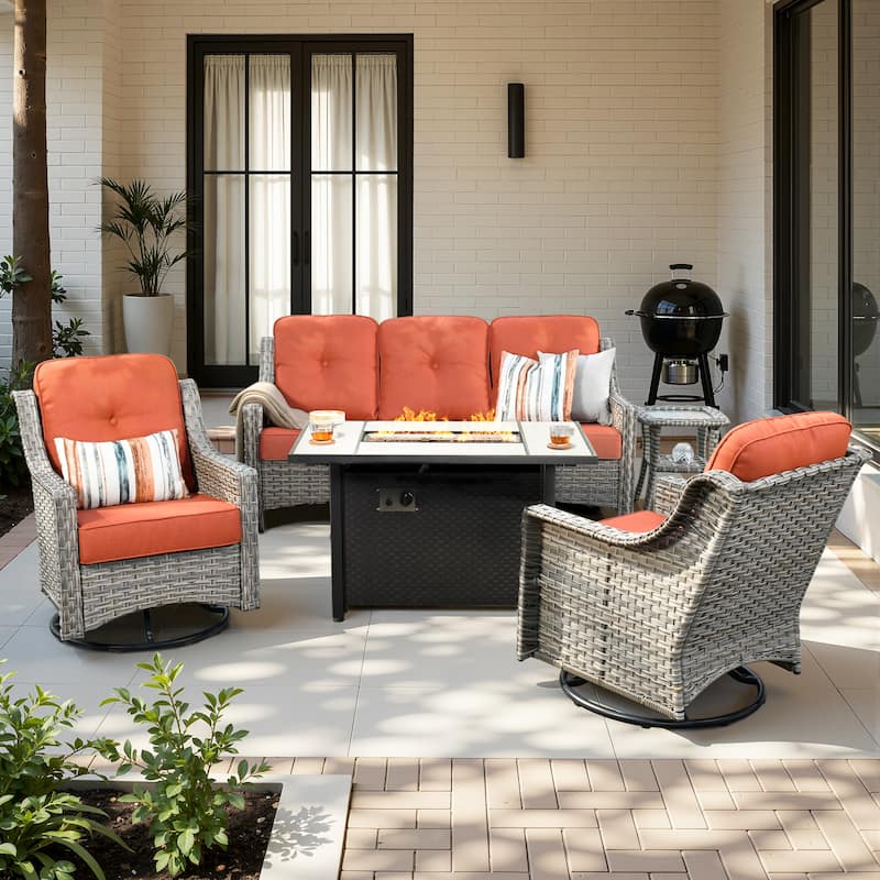 HOOOWOOO 5-piece Wicker Outdoor Furniture Swivel Chairs Set with Fire Pit - Red