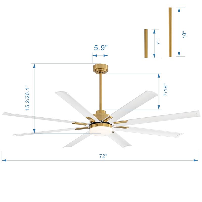 72" Gold LED Ceiling Fan with Light Kit and Remote-8 Aluminum blade