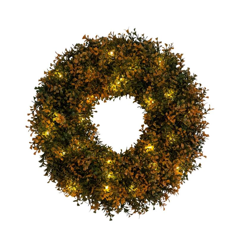 Pre-Lit Boxwood Artificial Fall Harvest Wreath - 18" - Warm White LED