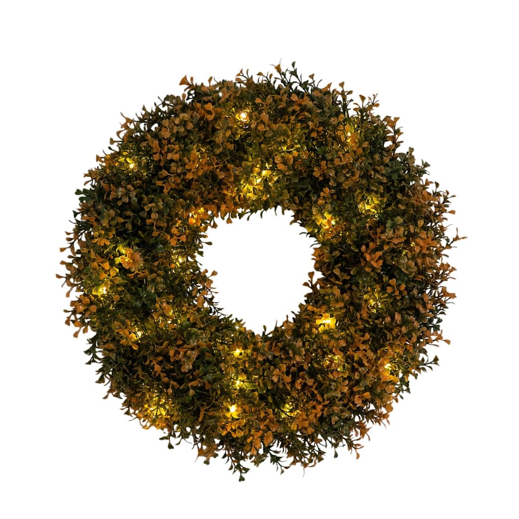 Pre-Lit Boxwood Artificial Fall Harvest Wreath - 18" - Warm White LED