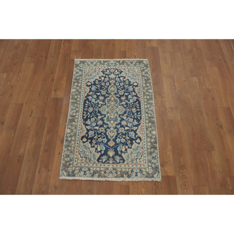 Hand Knotted Oriental 100% Wool Carpet Traditional Floral Navy Blue & Blues Kerman Area Rug - 2' 10'' X 1' 10''