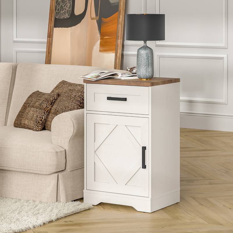 WAMPAT End Table with 1 Drawer & Door for Living Room - White