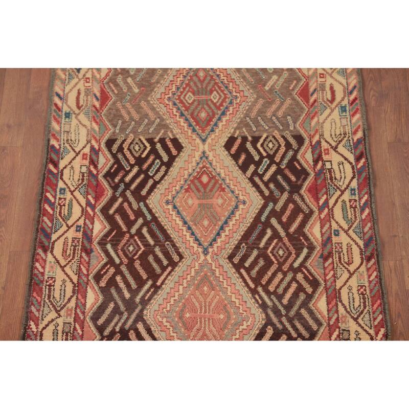 Hamedan Persian Vintage Runner Rug Handmade Brown Wool Carpet - 3'5"x 8'4"