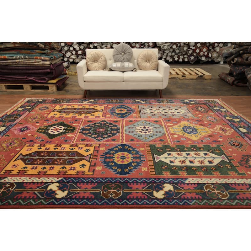 Hand Knotted Oriental 100% Wool Carpet Traditional Geometric Oranges & Rust Kazak Area Rug - 11' 10'' X 9' 0''