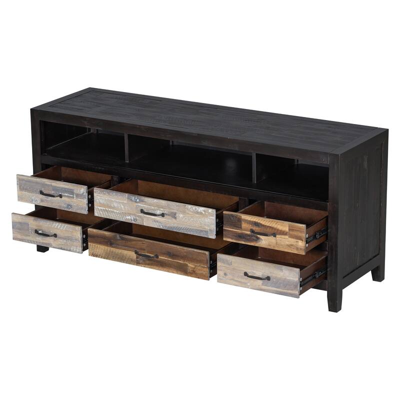 64" Distressed Wood TV Stand, 6 Drawer Storage & 3 Shelves, Cable Management - Farmhouse Style