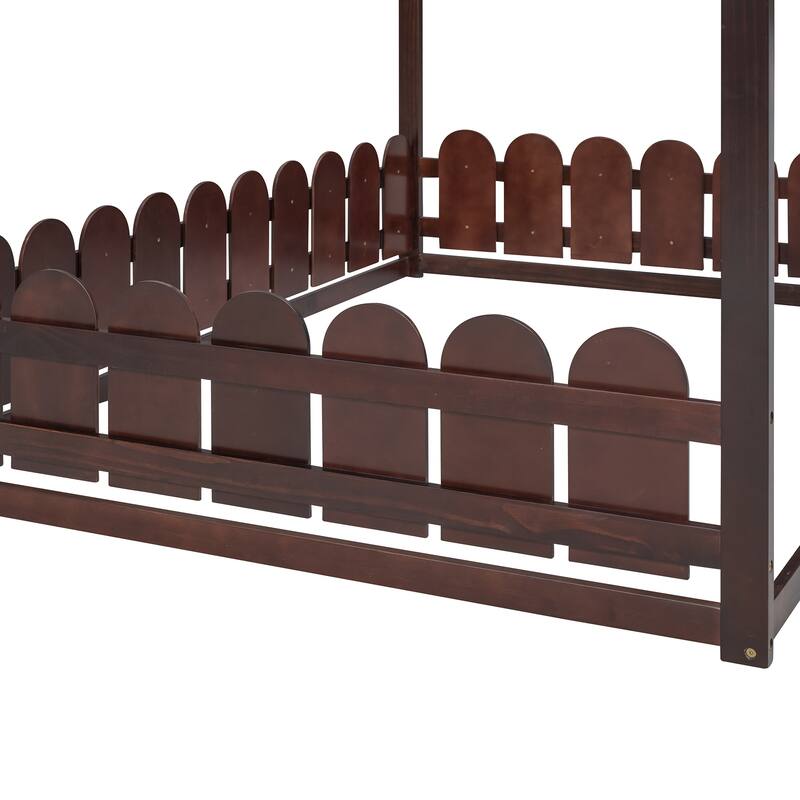 Full House Bed Frame for Kids, Sturdy Pine Wood with Playhouse Design and Fence