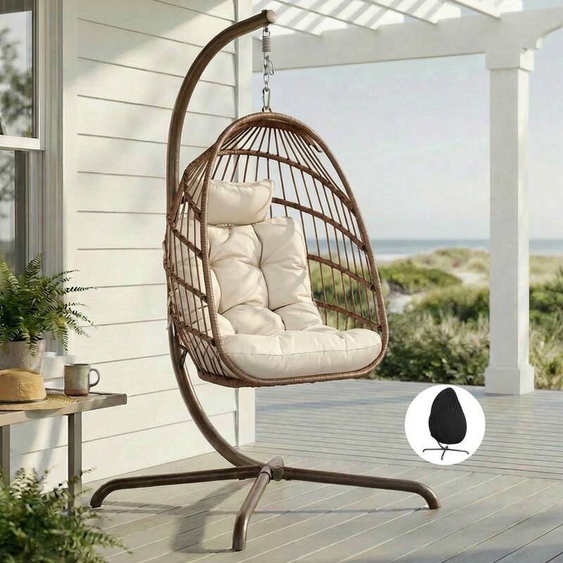 Oversized Wicker Hanging Egg Chair with Stand, Outdoor Indoor Swing Chair with Cushion, 350 lb Capacity - Brown/Cover
