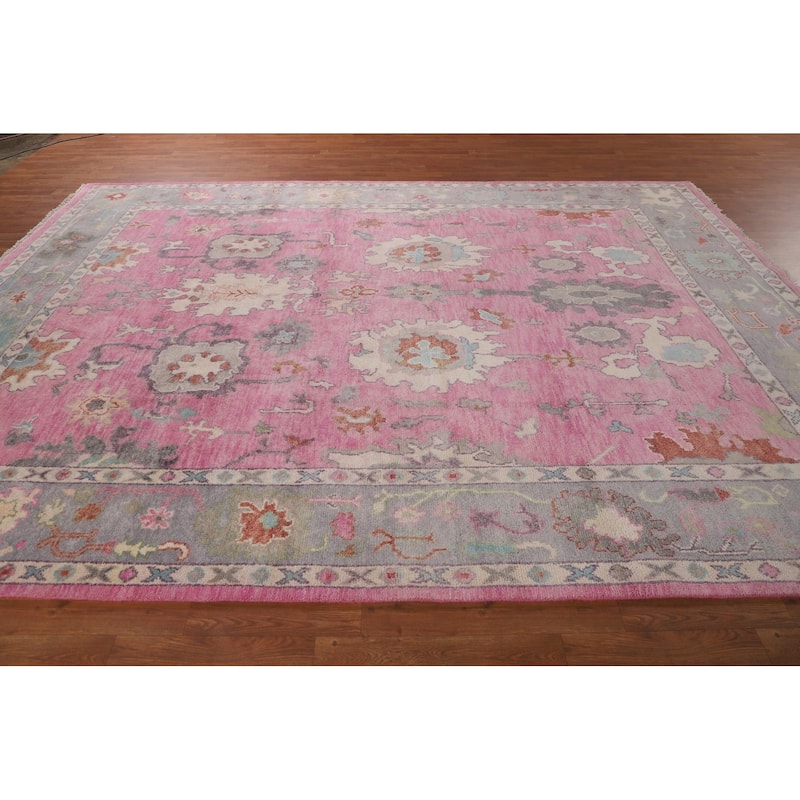 Pink Floral Oushak Oriental Area Rug Hand-Knotted Wool Carpet - 8'8"x 11'9"