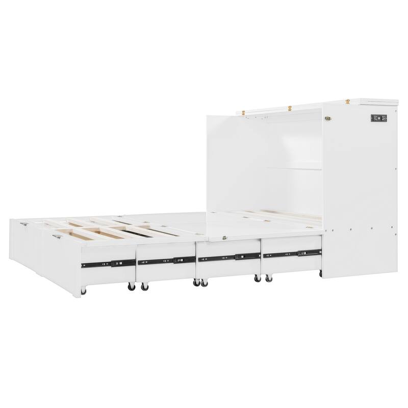 Queen Size Wall Bed with Drawer, USB Ports & Smooth Pulley Mechanism, Space-Saving White Cabinet Bed