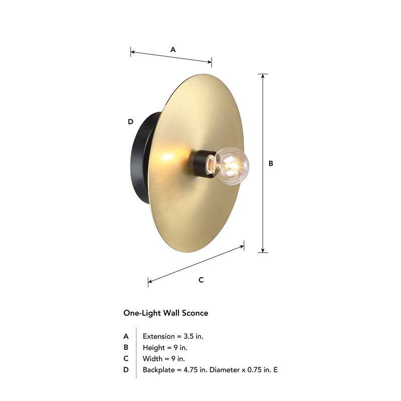 Harmoni 9 in. 1-Light Matte Black Wall Sconce Light with Brushed Gold Disk Accent for Bathrooms