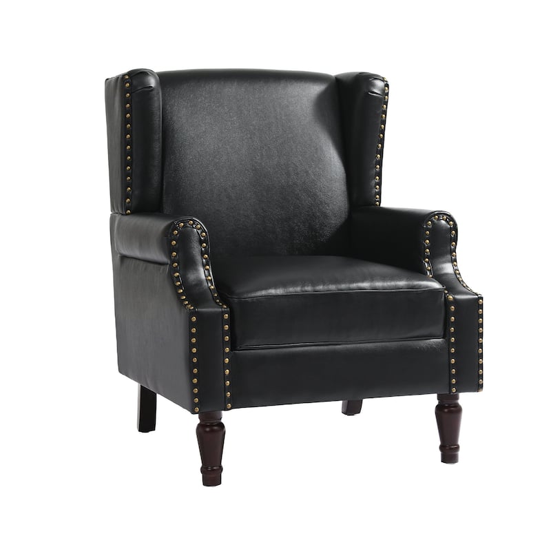 Mid-Century Modern Linen/ Vegan Leather Wing Back Accent Chair
