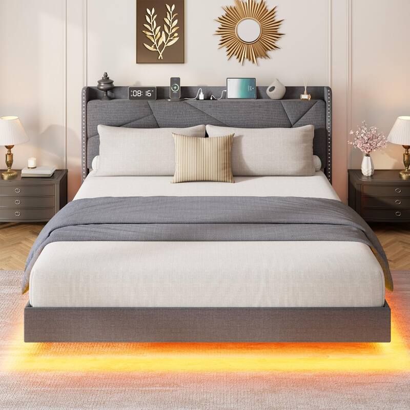 Full/Queen Floating Bed Frame with LED Lights & Charging Station, Upholstered Platform Beds with Storage Headboard