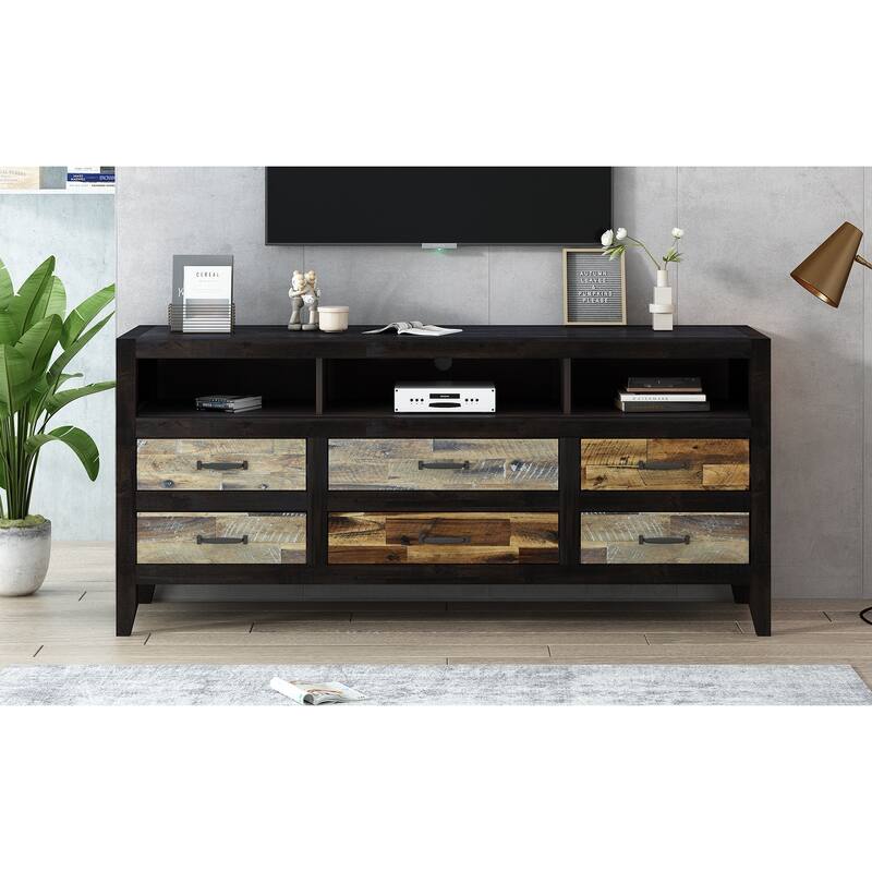 64" Distressed Wood TV Stand, 6 Drawer Storage & 3 Shelves, Cable Management - Farmhouse Style