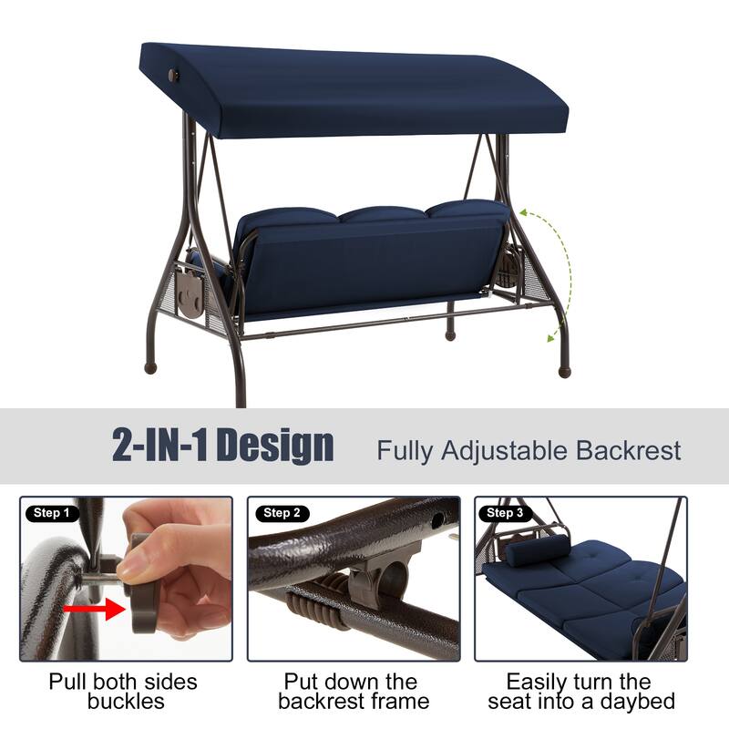 3-Seat Outdoor Porch Swing with Adjustable Canopy & Stand, Convertible Bed, All-Weather, Thickened Cushions & Cup Holders