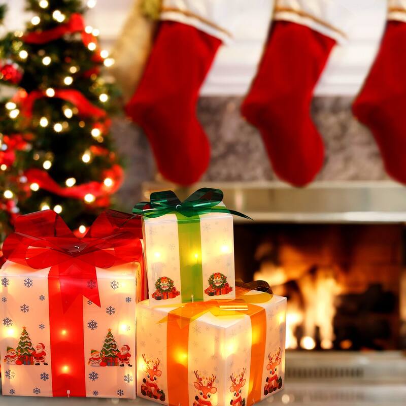 Set of 3 Christmas Decorations Lighted Gift Boxes