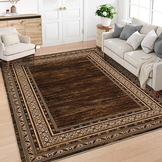 Modern Bordered Area Rugs for Living Room Bedroom Floral Rug Low Pile Non-Slip Accent Rug