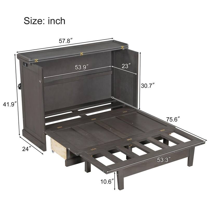 Solid Pine Murphy Bed Chest Cube Cabinet Bed with Charging Station and Large Storage Drawer, Full/Queen Size Murphy Bed Cabinet