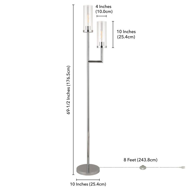 HomeRoots 69" Nickel Two Light Torchiere Floor Lamp With Clear Transparent Glass Drum Shade - 69" Tall