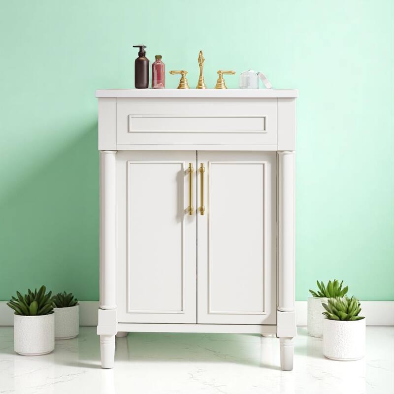 24" Bathroom Vanity with Ceramic Sink - Compact Cabinet with 2 Doors, Adjustable Shelf, Solid Wood Frame, Soft-Close Hinges - White - 24" Solid Wood+MDF