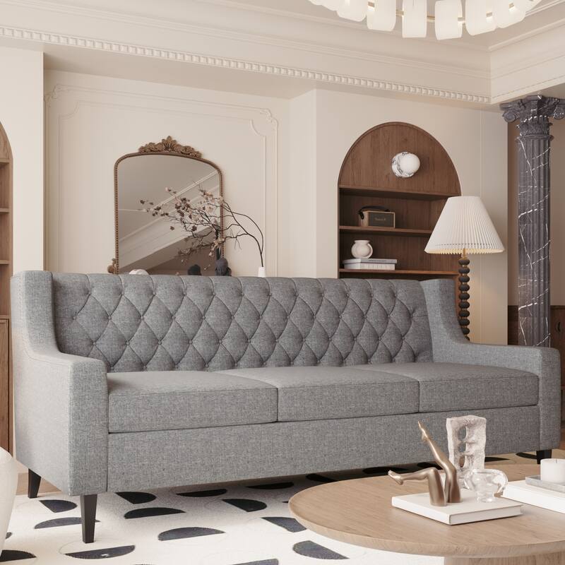 78.75" Mid-Century Modern Sofa with Comfy Cushions, Upholstered Couch for Living Room Button-Tufted Backrest Sofa with Wood Legs - Grey