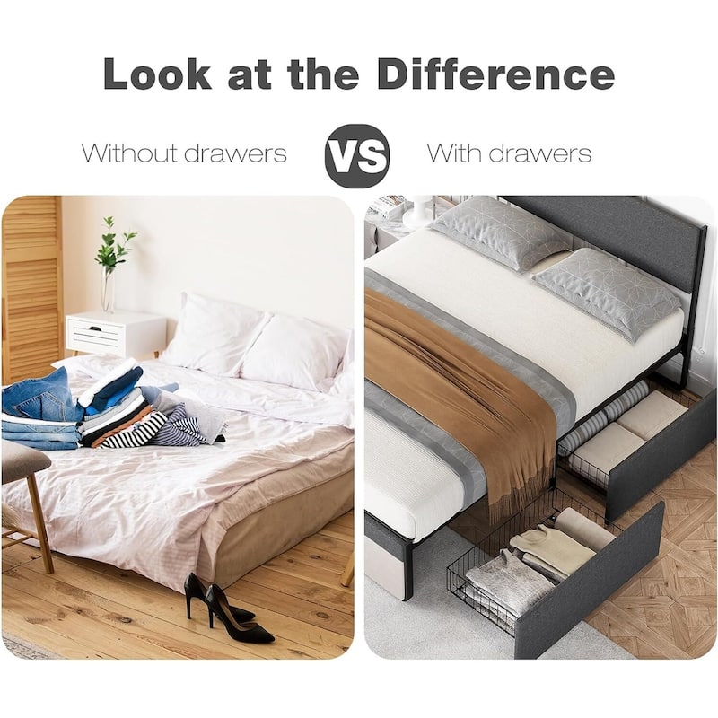 Bed Frame with 2 Storage Drawers Upholstered Platform Bed Frame