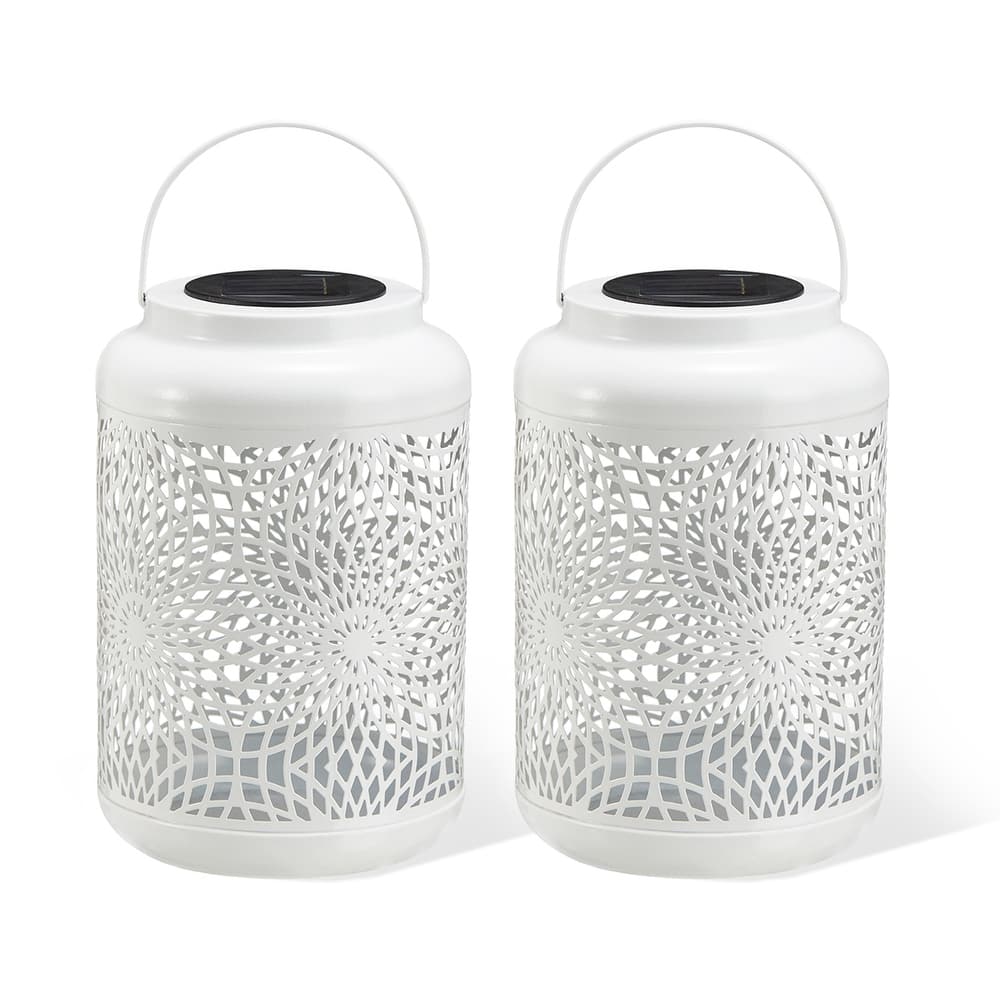 Glitzhome Set of 2 Metal Cutout Solar LED Outdoor Waterproof Hanging Lanterns
