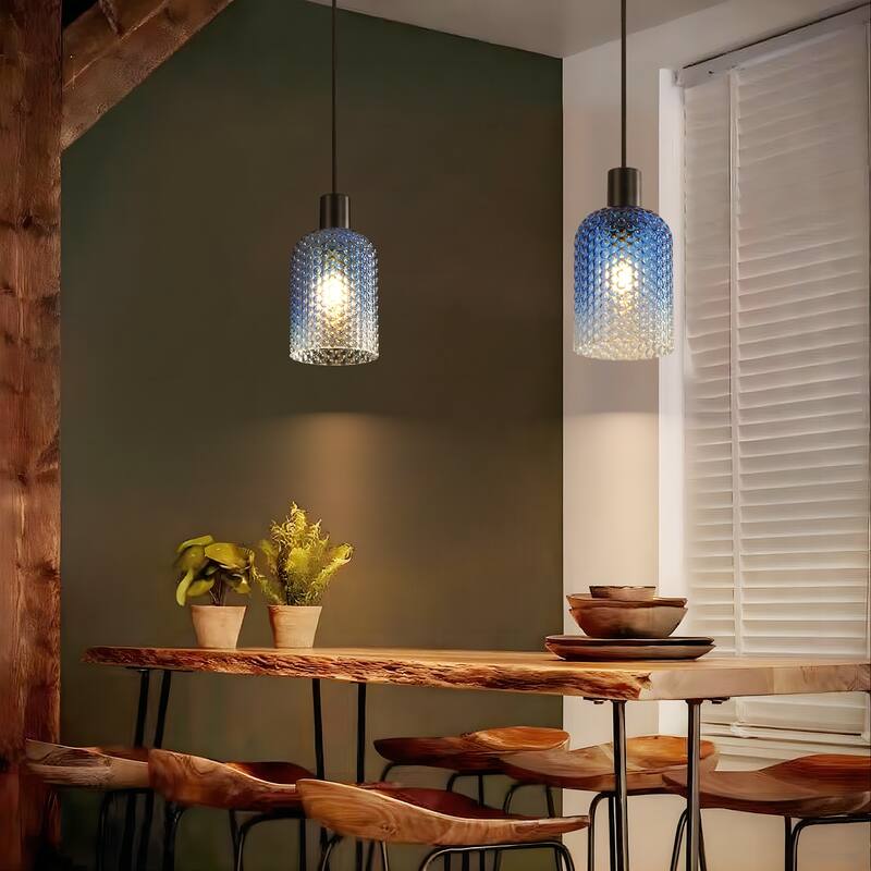 1/3-Light Modern Glam Bell-Shaped Adjustable Island Pendant Light with Clear/Blue/Amber Textured Glass