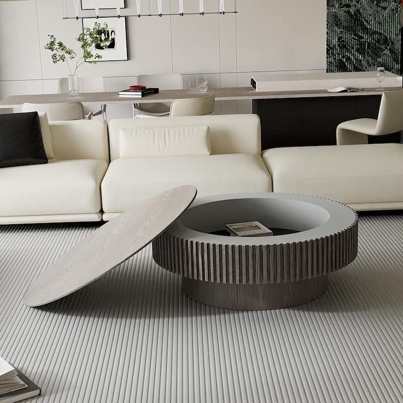39.4" Round Coffee Table with Storage, Solid Wood Veneer Modern Accent Tea Table - Grey