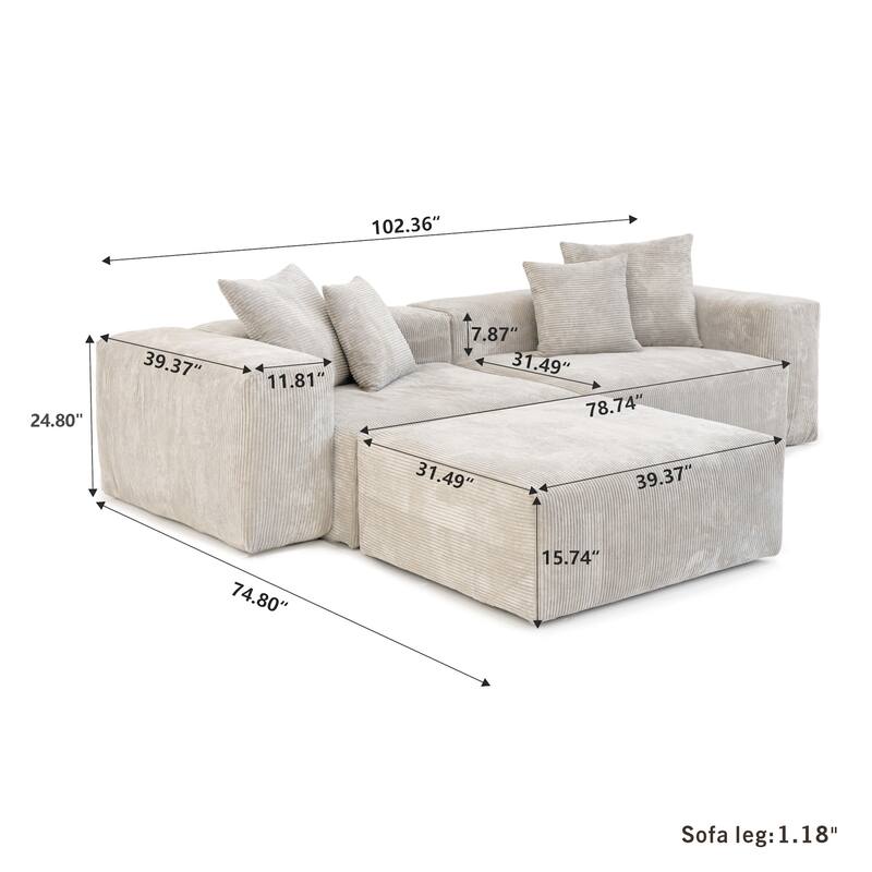 102" Oversized Corduroy Modular Sofa Reversible Couch with Ottoman